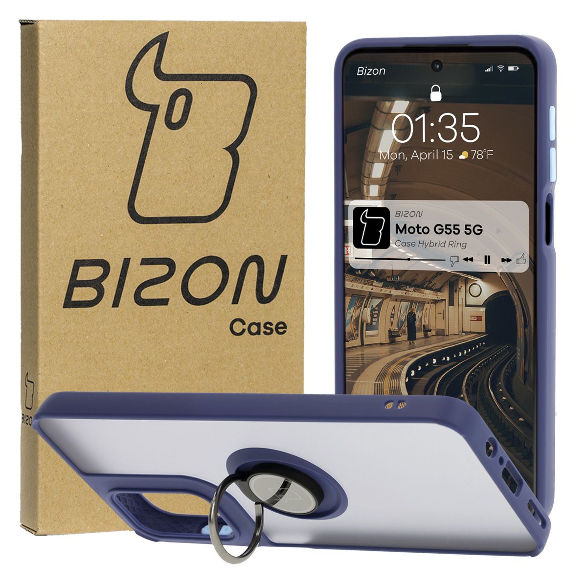 Handyhülle mit Fingergriff für Motorola Moto G55 5G, Bizon Case Hybrid Ring, getönt mit dunkelblauem Rahmen