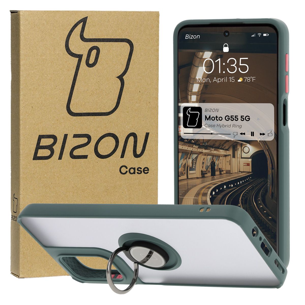 Handyhülle mit Fingergriff für Motorola Moto G55 5G, Bizon Case Hybrid Ring, getönt mit dunkelgrünem Rahmen