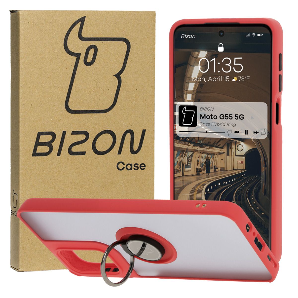 Handyhülle mit Fingergriff für Motorola Moto G55 5G, Bizon Case Hybrid Ring, getönt mit rotem Rahmen