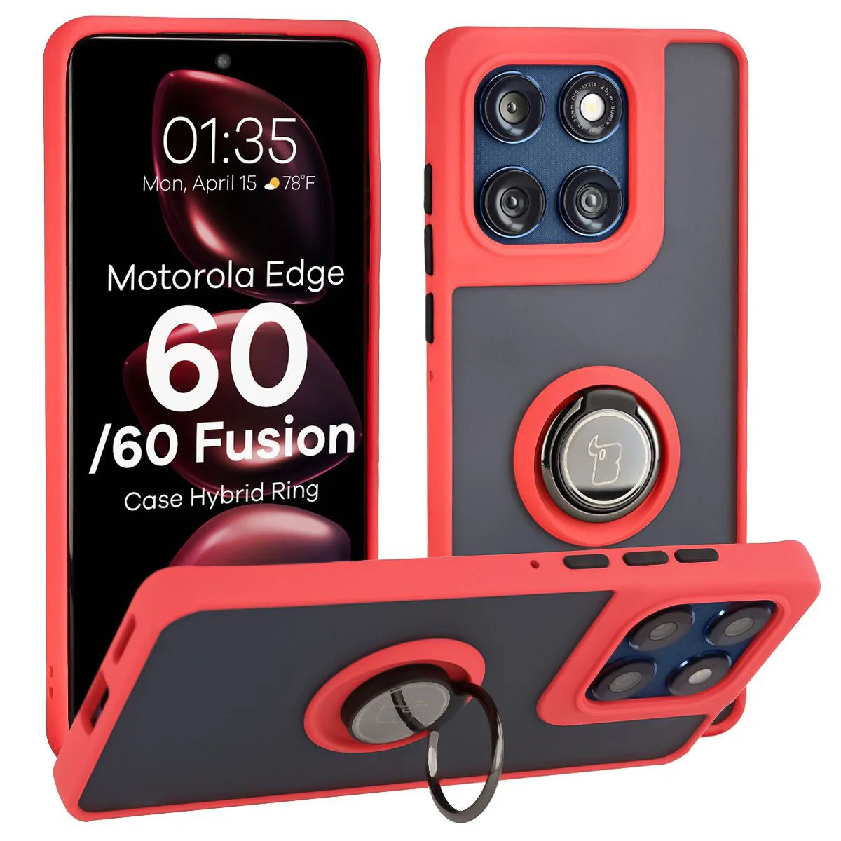 Handyhülle mit Fingergriff für Motorola Edge 60 Fusion / 60, Bizon Case Hybrid Ring, getönt mit rotem Rahmen