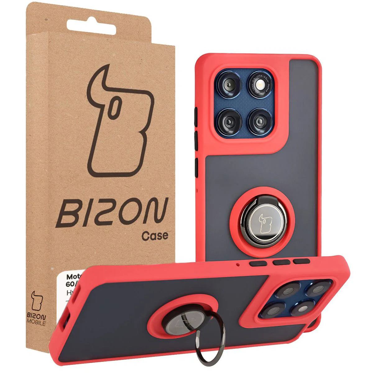Handyhülle mit Fingergriff für Motorola Edge 60 Fusion / 60, Bizon Case Hybrid Ring, getönt mit rotem Rahmen