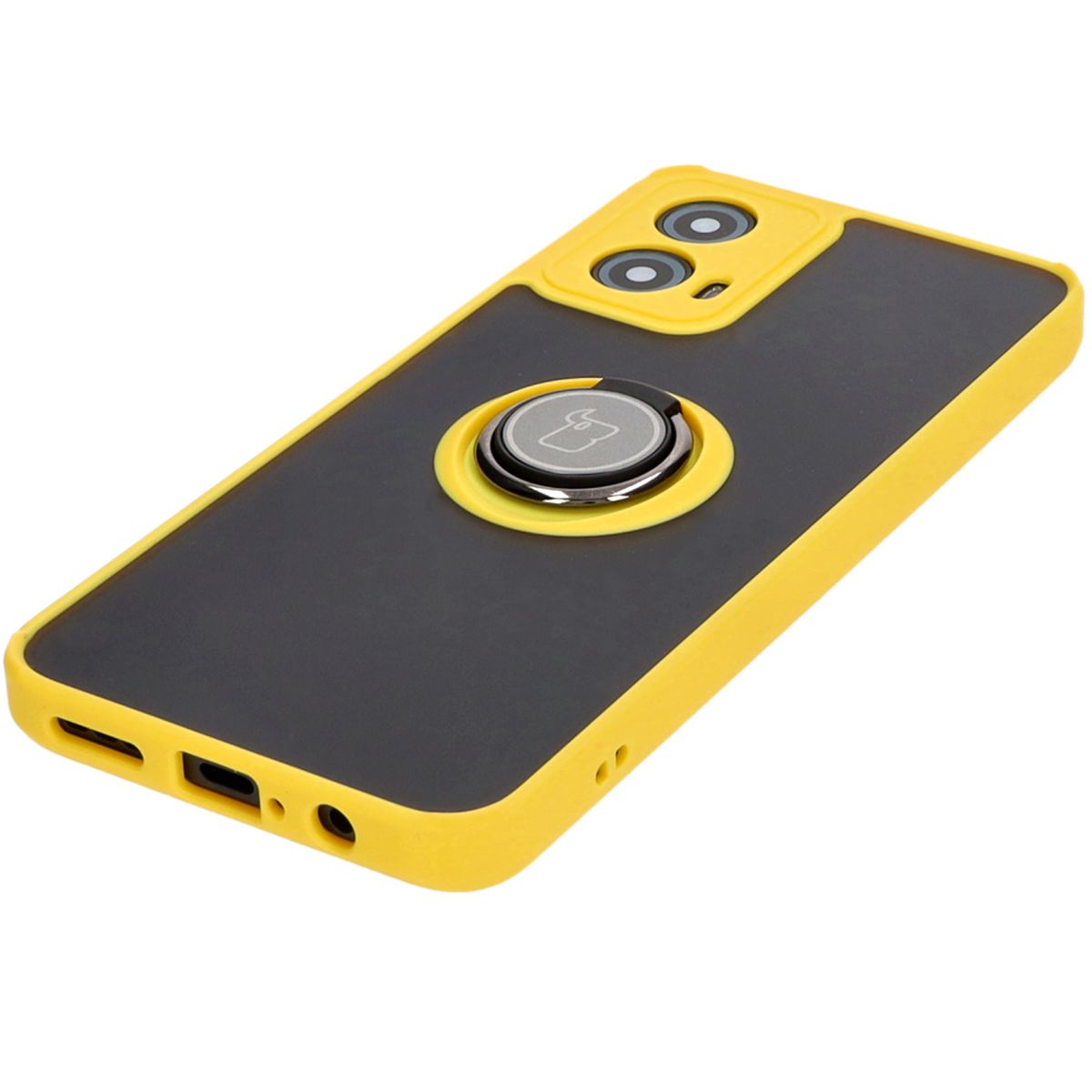Handyhülle mit Fingergriff für Motorola Moto G34 5G, Bizon Case Hybrid Ring, getönt mit gelbem Rahmen