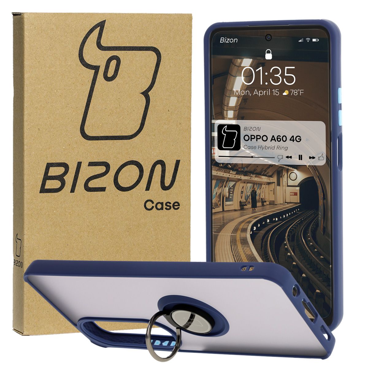 Handyhülle mit Fingergriff für Oppo A60 4G, Bizon Case Hybrid Ring, getönt mit dunkelblauem Rahmen