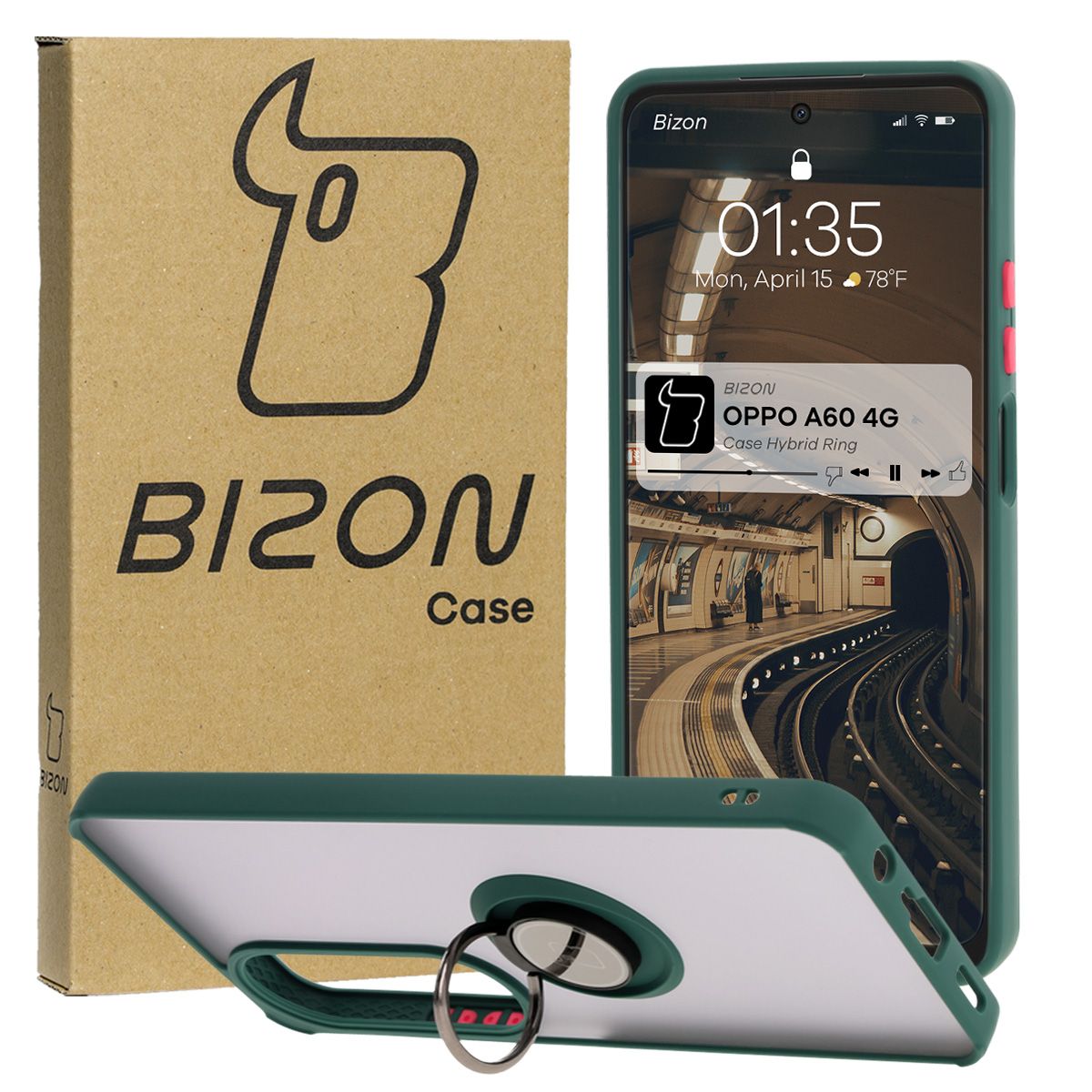 Handyhülle mit Fingergriff für Oppo A60 4G, Bizon Case Hybrid Ring, getönt mit dunkelgrünem Rahmen