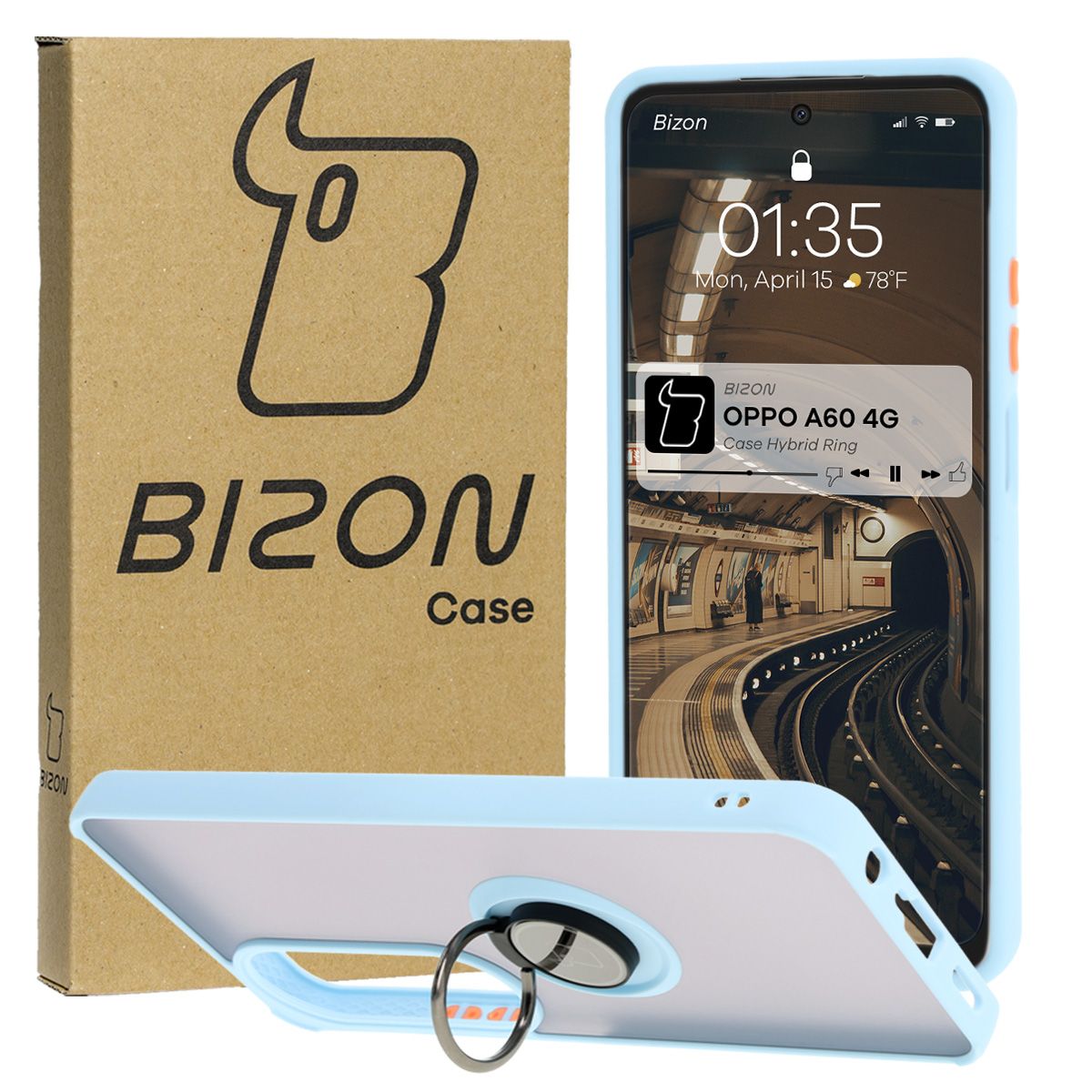 Handyhülle mit Fingergriff für Oppo A60 4G, Bizon Case Hybrid Ring, getönt mit hellblauem Rahmen