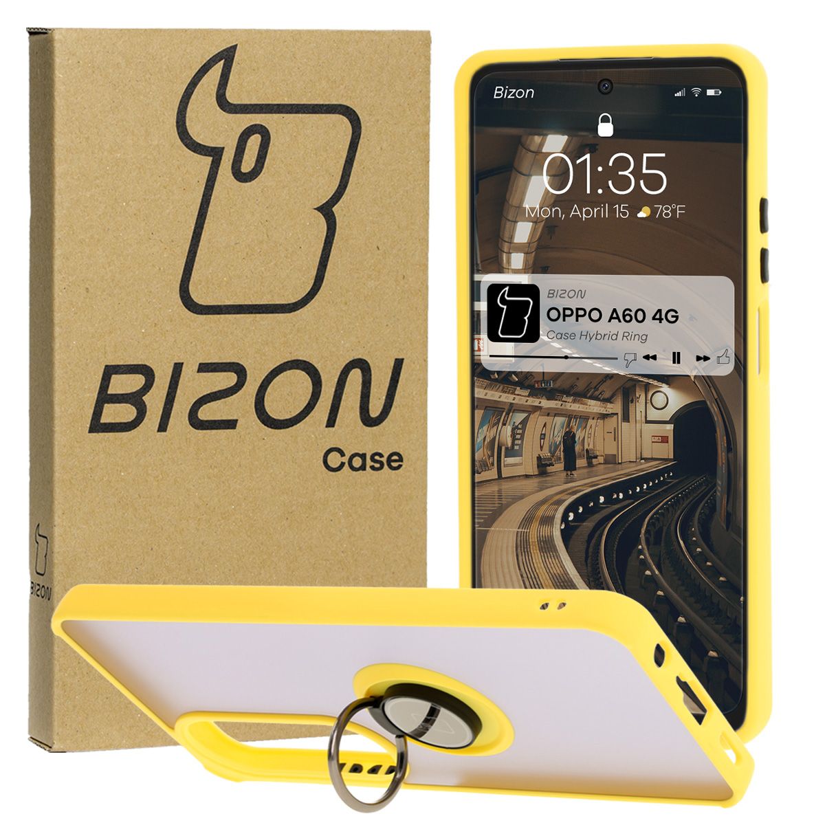 Handyhülle mit Fingergriff für Oppo A60 4G, Bizon Case Hybrid Ring, getönt mit gelbem Rahmen