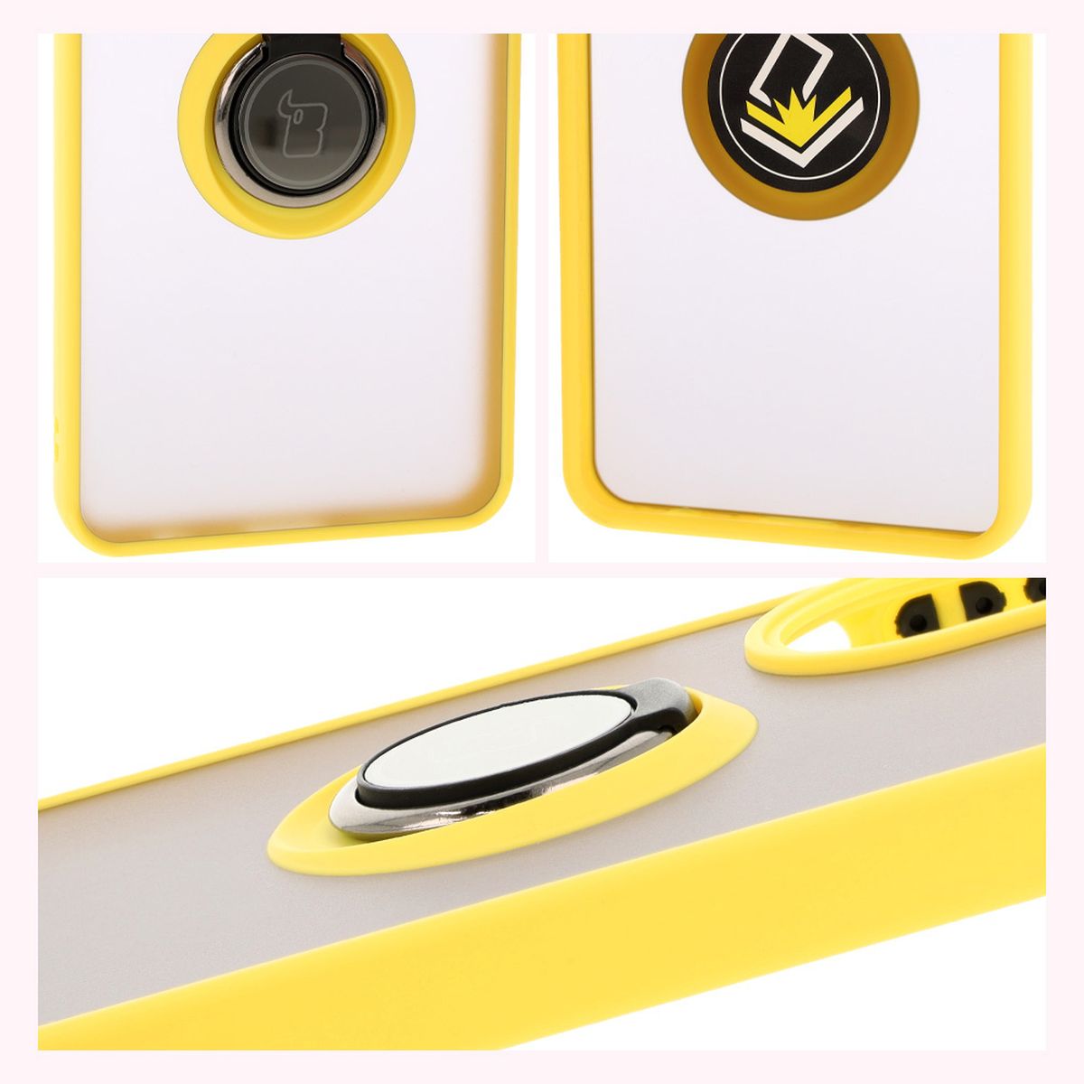 Handyhülle mit Fingergriff für Oppo A60 4G, Bizon Case Hybrid Ring, getönt mit gelbem Rahmen