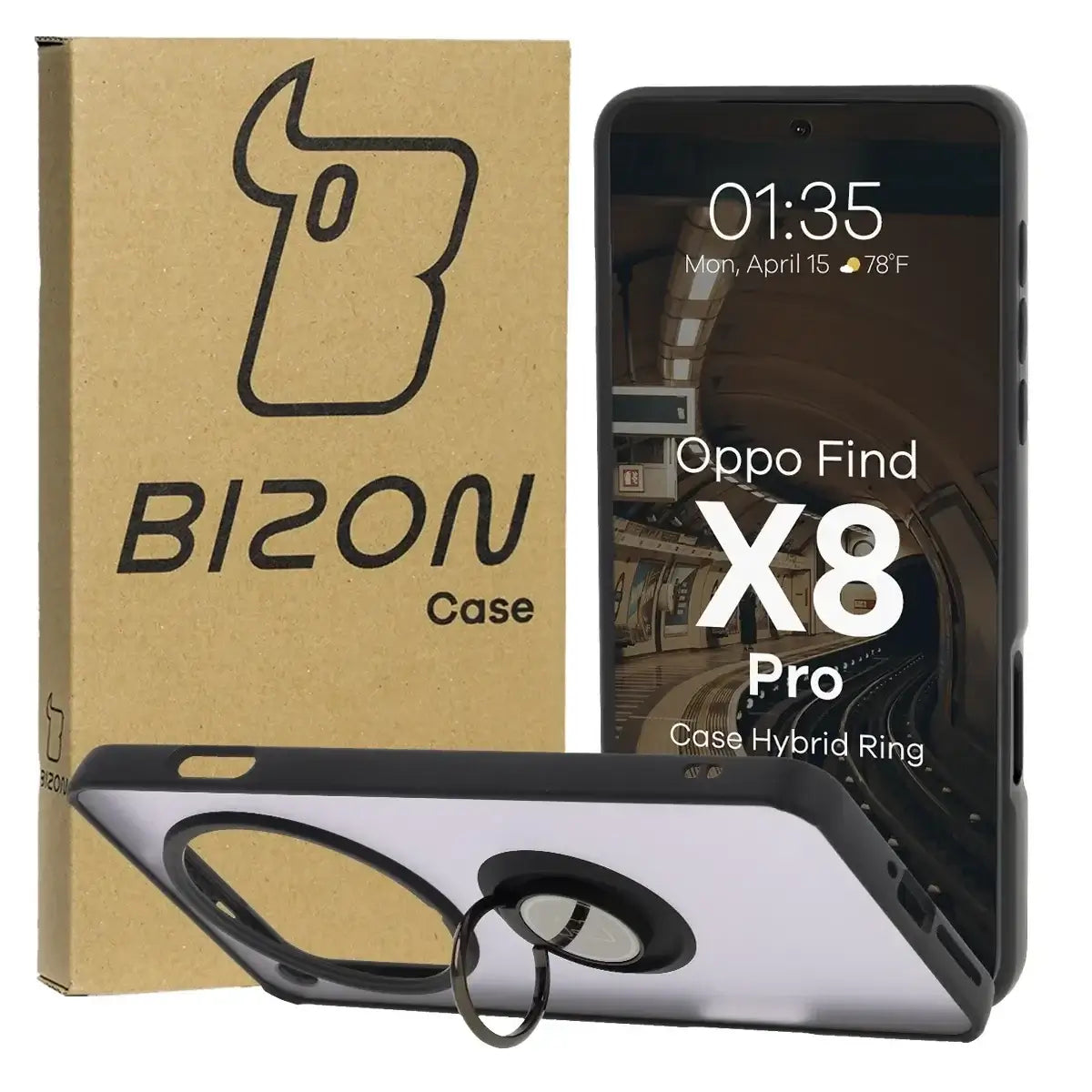 Handyhülle mit Fingergriff für Oppo Find X8 Pro, Bizon Case Hybrid Ring, getönt mit schwarzem Rahmen