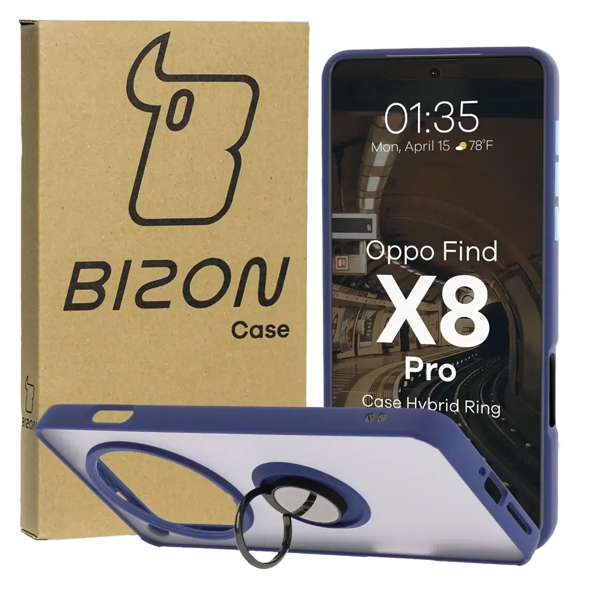 Handyhülle mit Fingergriff für Oppo Find X8 Pro, Bizon Case Hybrid Ring, getönt mit dunkelblauem Rahmen