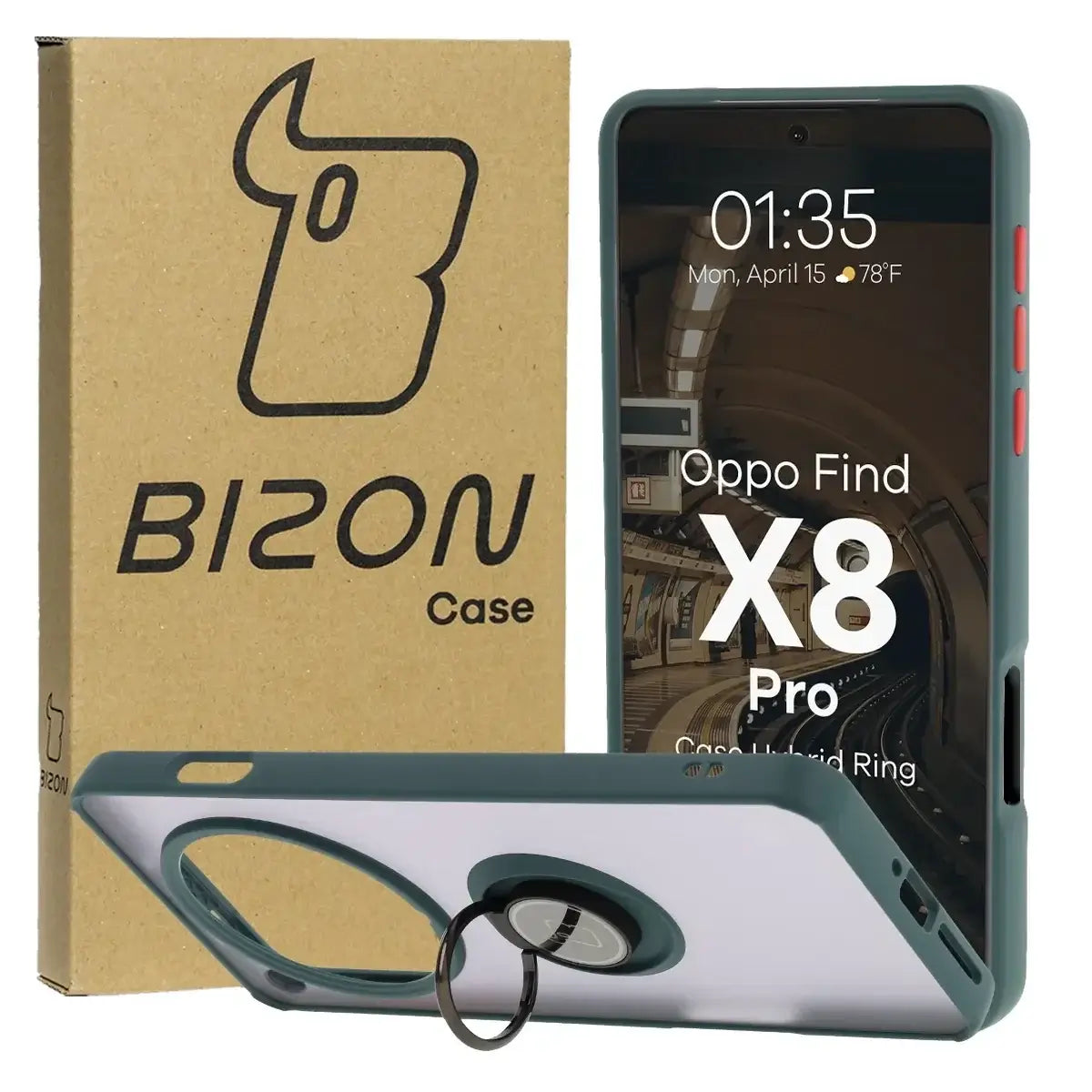 Handyhülle mit Fingergriff für Oppo Find X8 Pro, Bizon Case Hybrid Ring, getönt mit dunkelgrünem Rahmen
