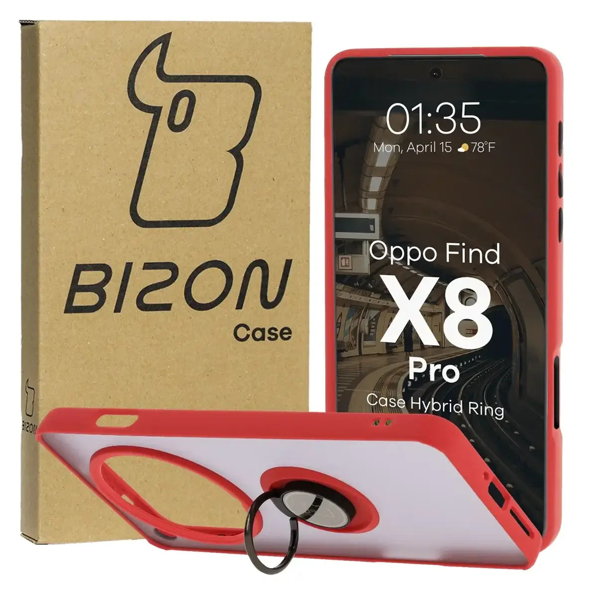 Handyhülle mit Fingergriff für Oppo Find X8 Pro, Bizon Case Hybrid Ring, getönt mit rotem Rahmen