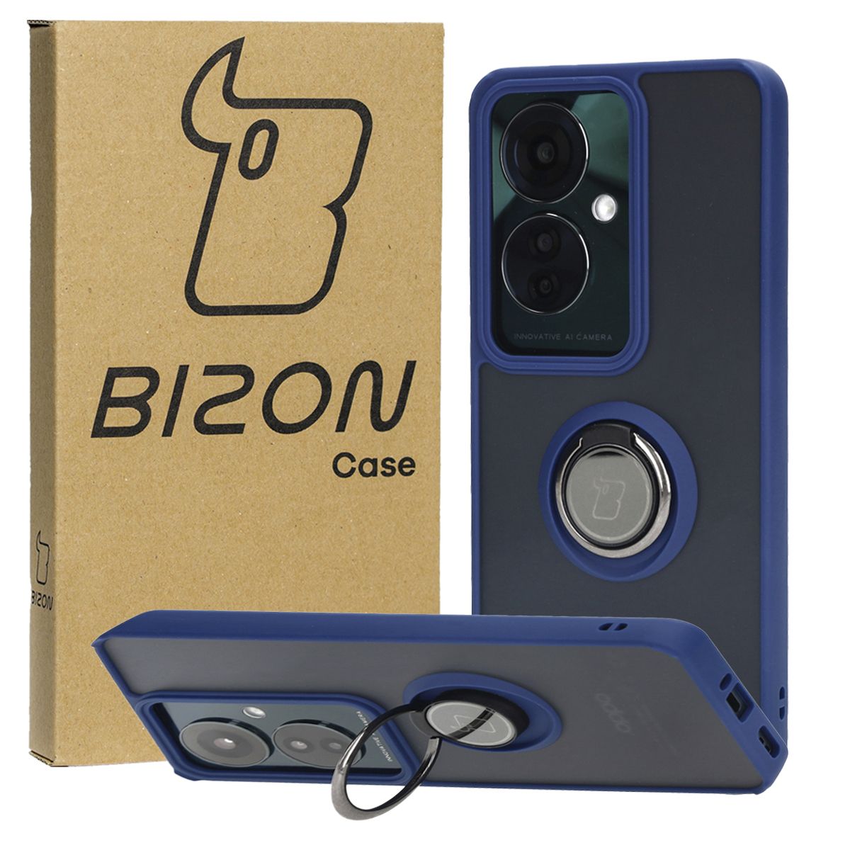 Handyhülle mit Fingergriff für Oppo Reno11 F 5G, Bizon Case Hybrid Ring, getönt mit dunkelblauem Rahmen
