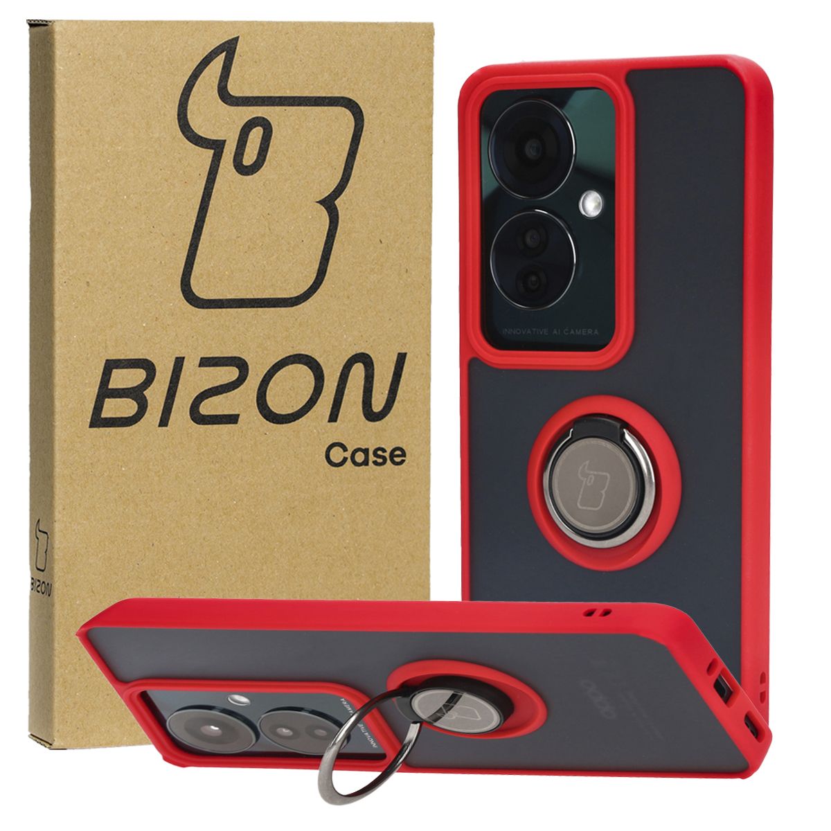 Handyhülle mit Fingergriff für Oppo Reno11 F 5G, Bizon Case Hybrid Ring, getönt mit rotem Rahmen