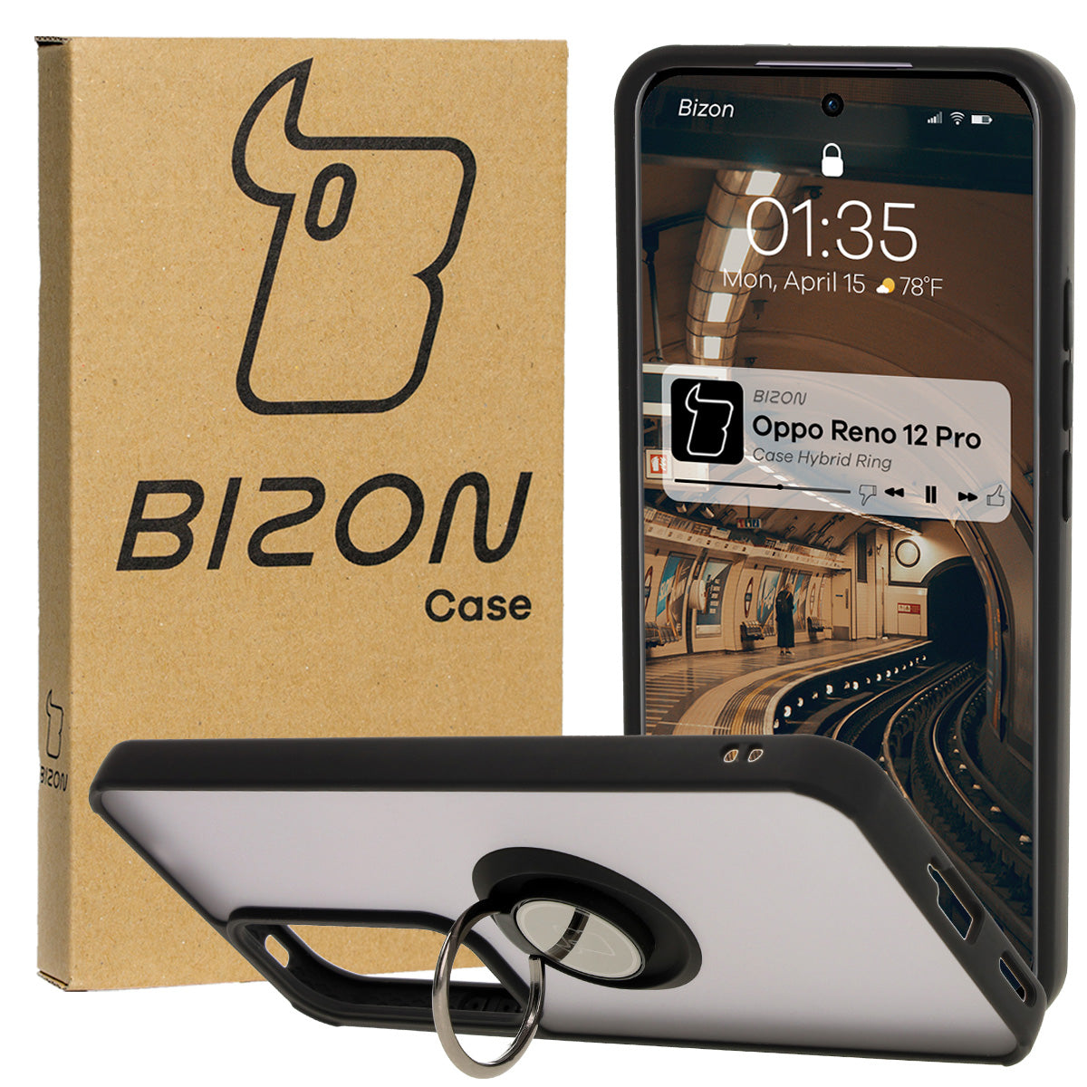 Handyhülle mit Fingergriff für Oppo Reno 12 Pro, Bizon Case Hybrid Ring, getönt mit schwarzem Rahmen