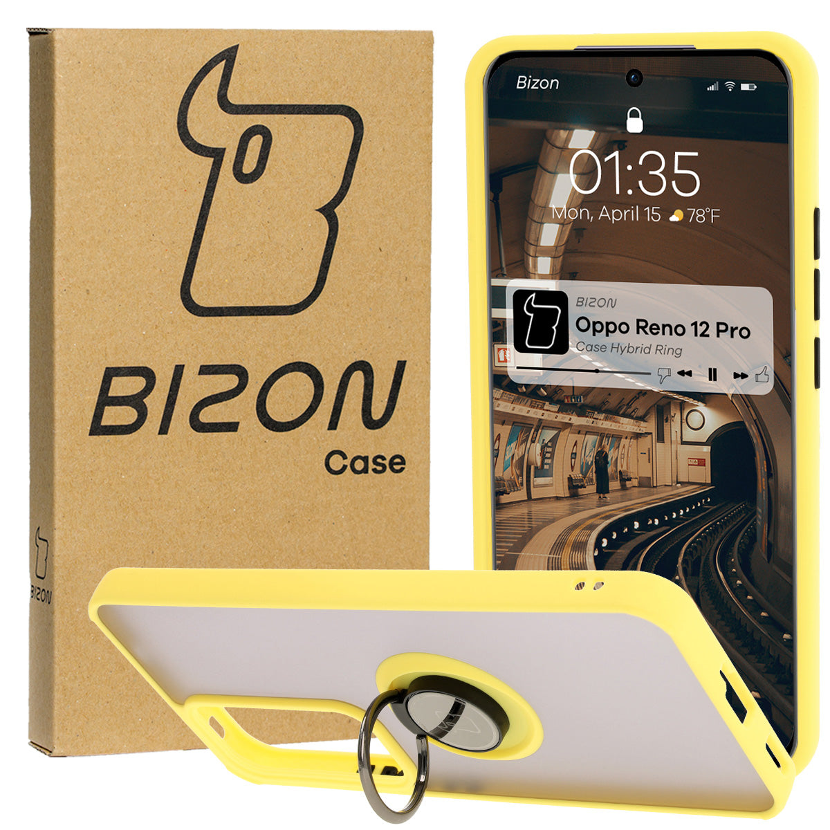 Handyhülle mit Fingergriff für Oppo Reno 12 Pro, Bizon Case Hybrid Ring, getönt mit gelbem Rahmen