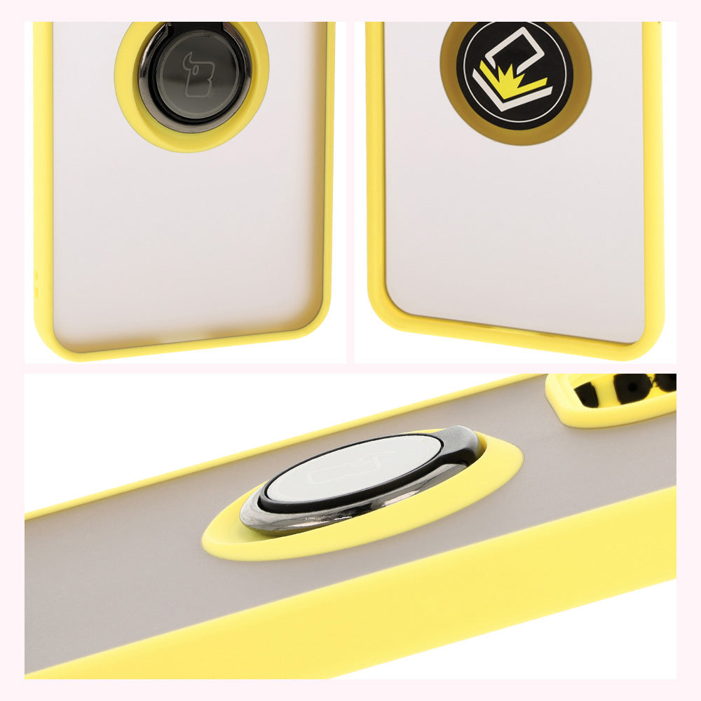 Handyhülle mit Fingergriff für Oppo Reno 12 Pro, Bizon Case Hybrid Ring, getönt mit gelbem Rahmen