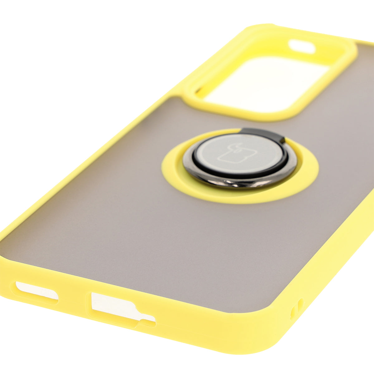 Handyhülle mit Fingergriff für Oppo Reno 12 Pro, Bizon Case Hybrid Ring, getönt mit gelbem Rahmen