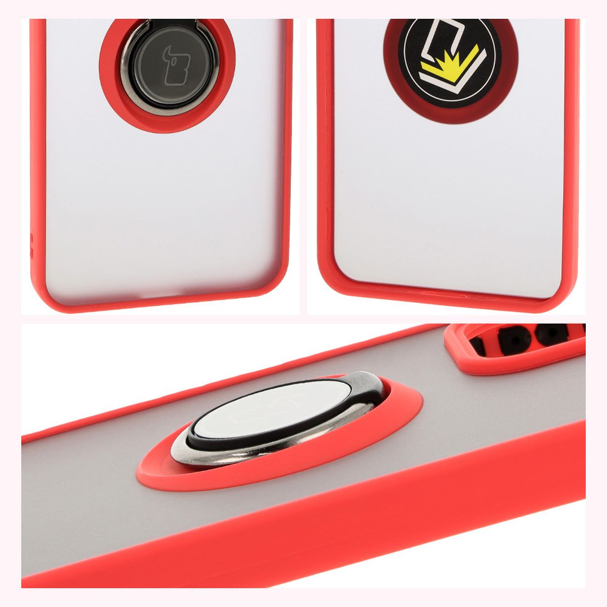 Handyhülle mit Fingergriff für Oppo Reno 12, Bizon Case Hybrid Ring, getönt mit rotem Rahmen