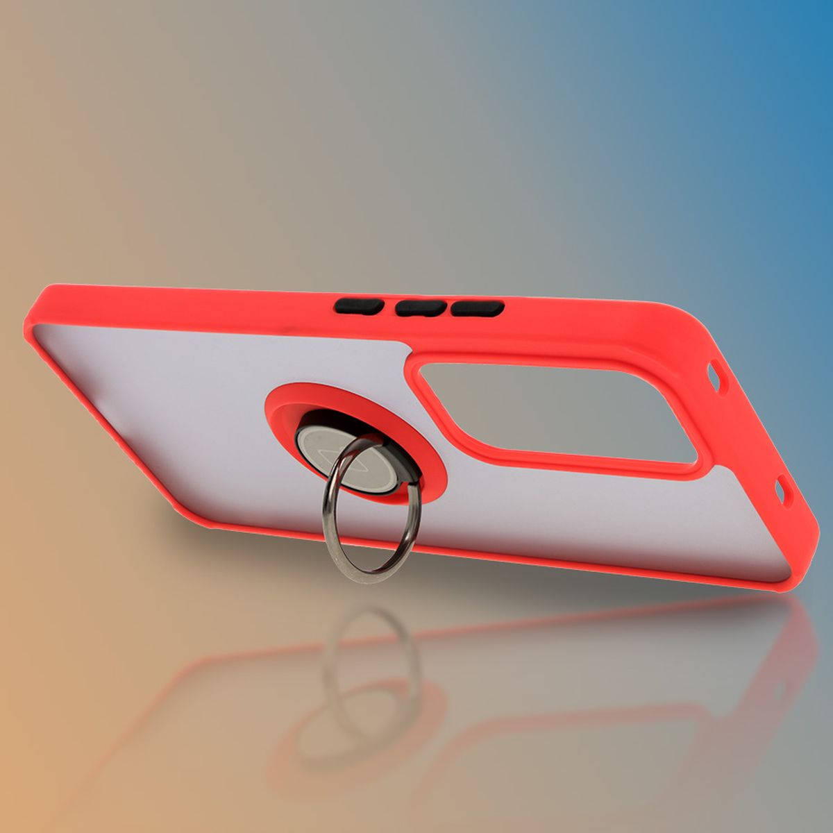 Handyhülle mit Fingergriff für Oppo Reno 12, Bizon Case Hybrid Ring, getönt mit rotem Rahmen
