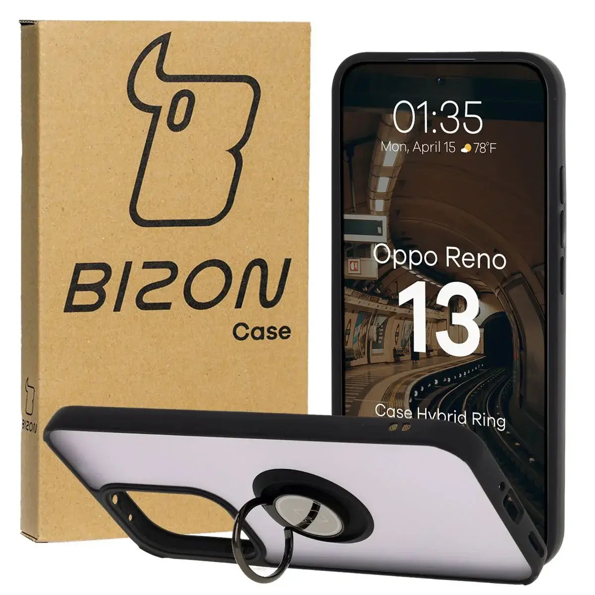 Handyhülle mit Fingergriff für Oppo Reno13, Bizon Case Hybrid Ring, getönt mit schwarzem Rahmen