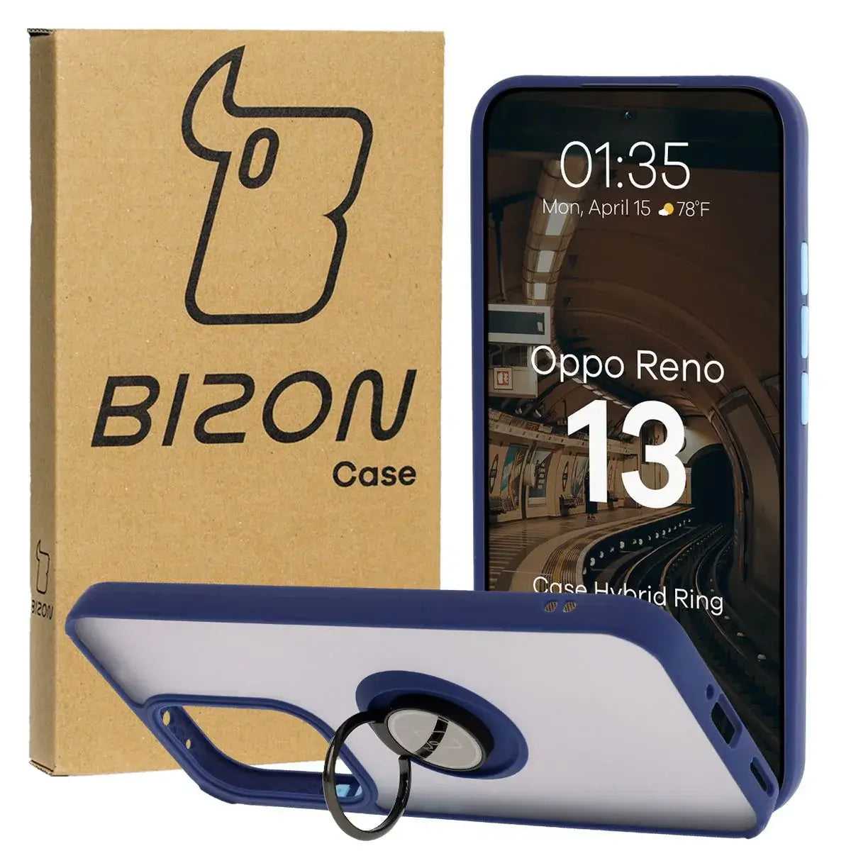 Handyhülle mit Fingergriff für Oppo Reno13, Bizon Case Hybrid Ring, getönt mit dunkelblauem Rahmen