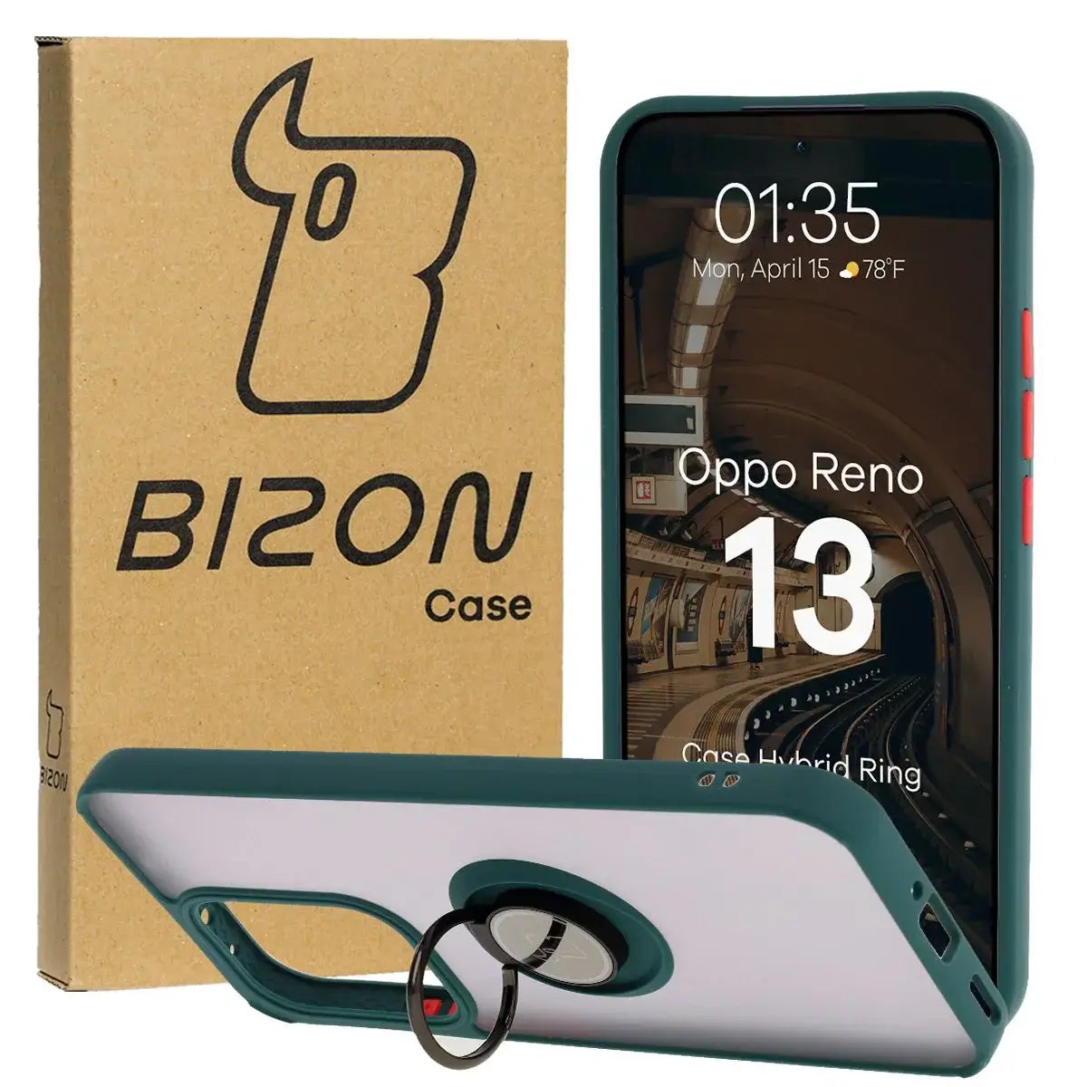 Handyhülle mit Fingergriff für Oppo Reno13, Bizon Case Hybrid Ring, getönt mit dunkelgrünem Rahmen
