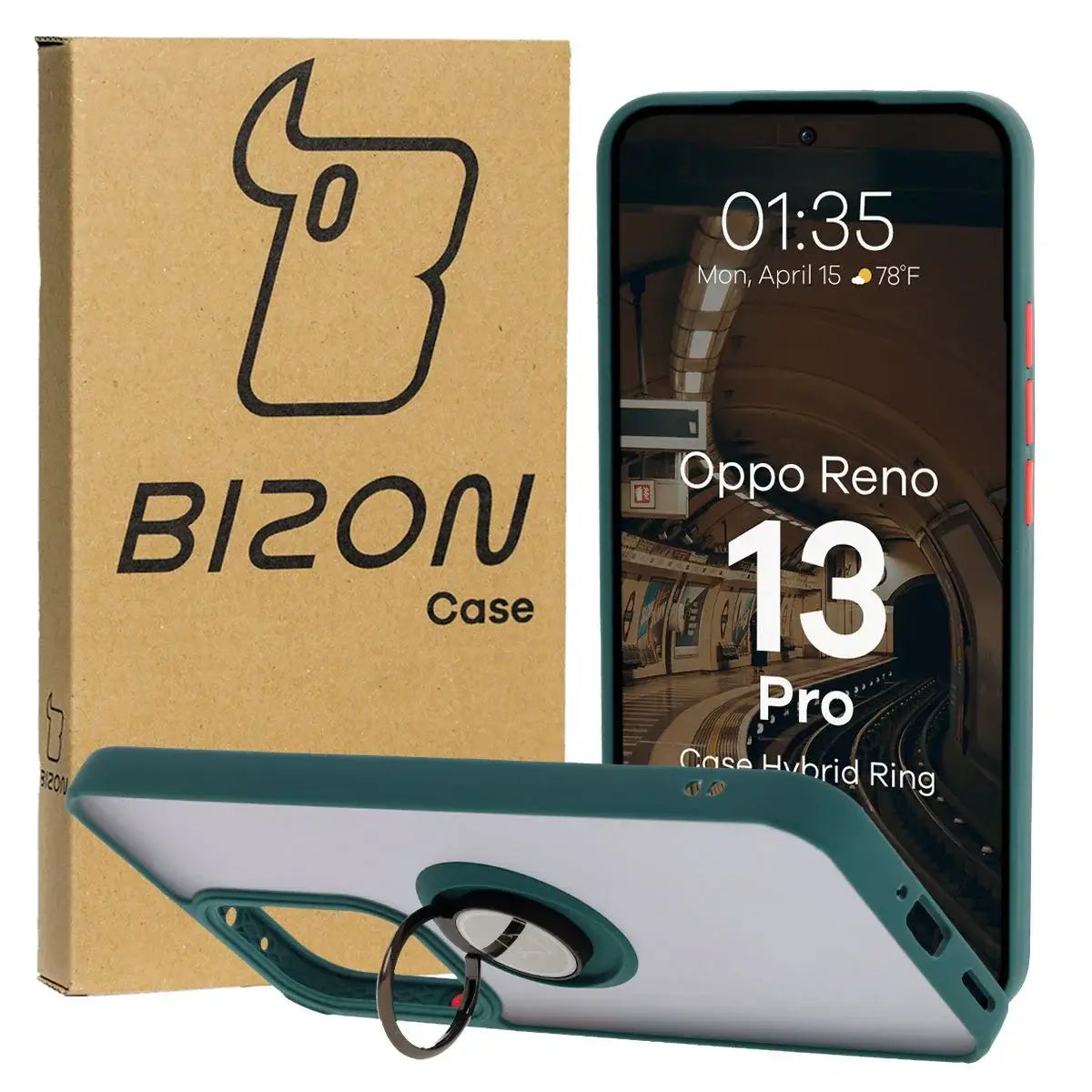 Handyhülle mit Fingergriff für Oppo Reno13 Pro, Bizon Case Hybrid Ring, getönt mit dunkelgrünem Rahmen