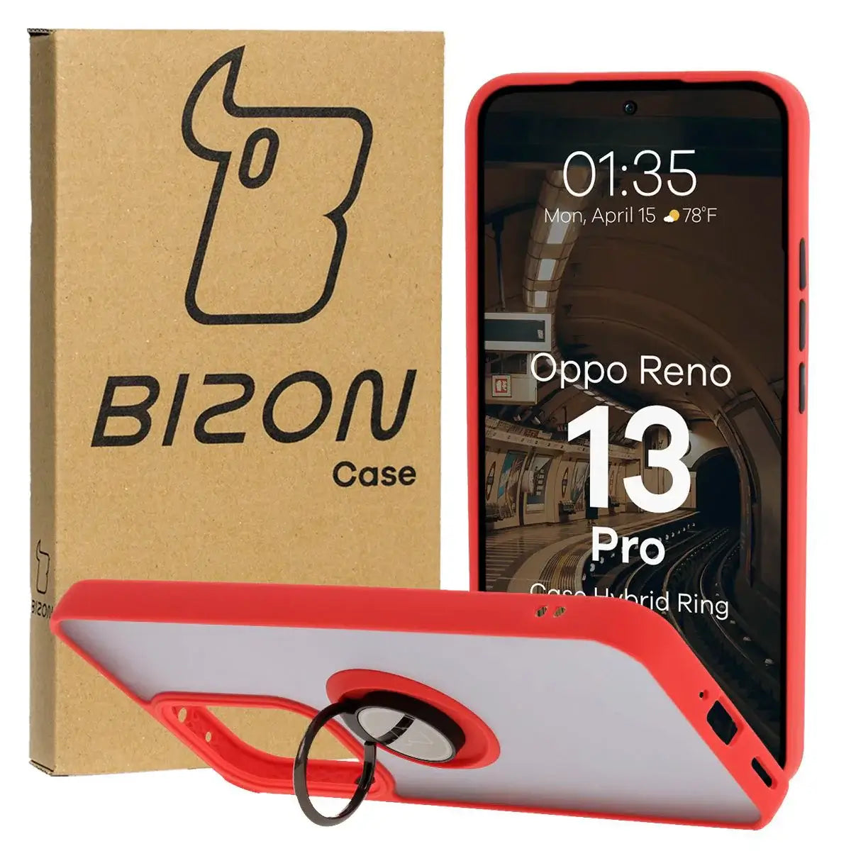Handyhülle mit Fingergriff für Oppo Reno13 Pro, Bizon Case Hybrid Ring, getönt mit rotem Rahmen