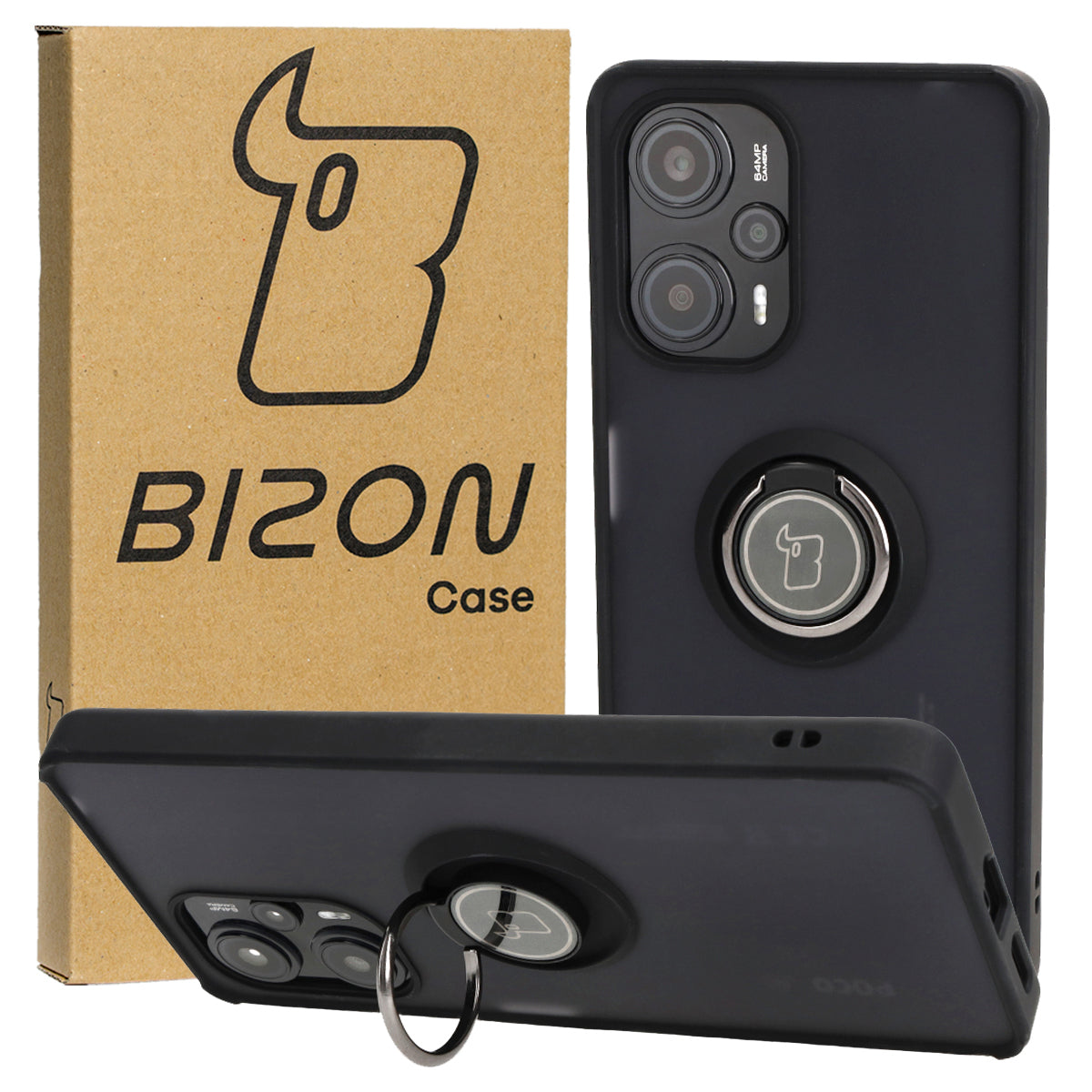 Handyhülle mit Fingergriff für Xiaomi Pocophone F5, Bizon Case Hybrid Ring, getönt mit schwarzem Rahmen