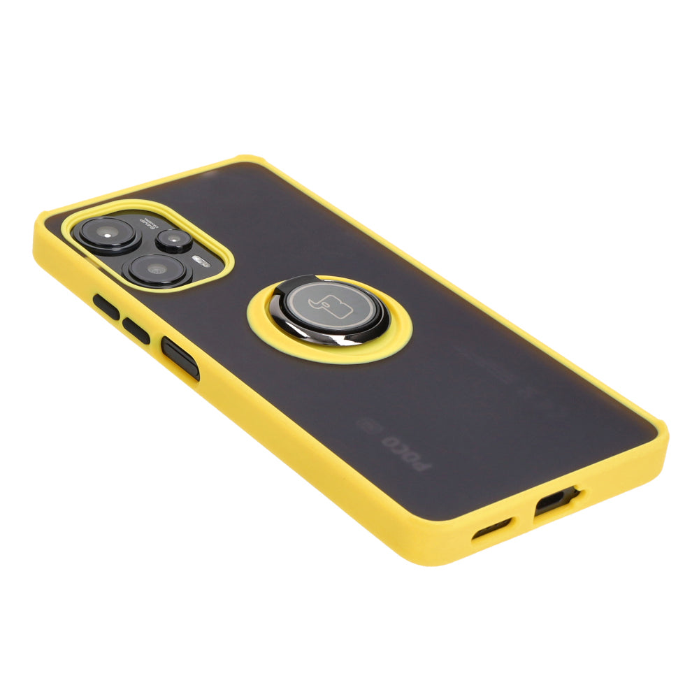 Handyhülle mit Fingergriff für Xiaomi Pocophone F5, Bizon Case Hybrid Ring, getönt mit gelbem Rahmen