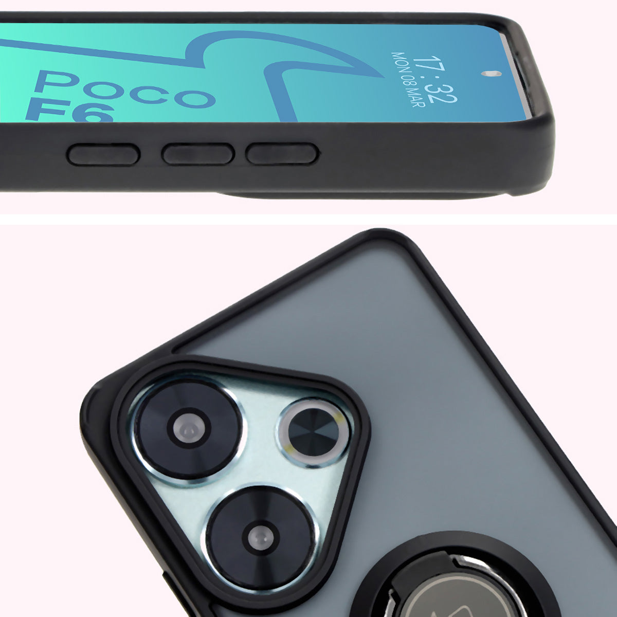 Handyhülle mit Fingergriff für Xiaomi Poco F6, Bizon Case Hybrid Ring, getönt mit schwarzem Rahmen