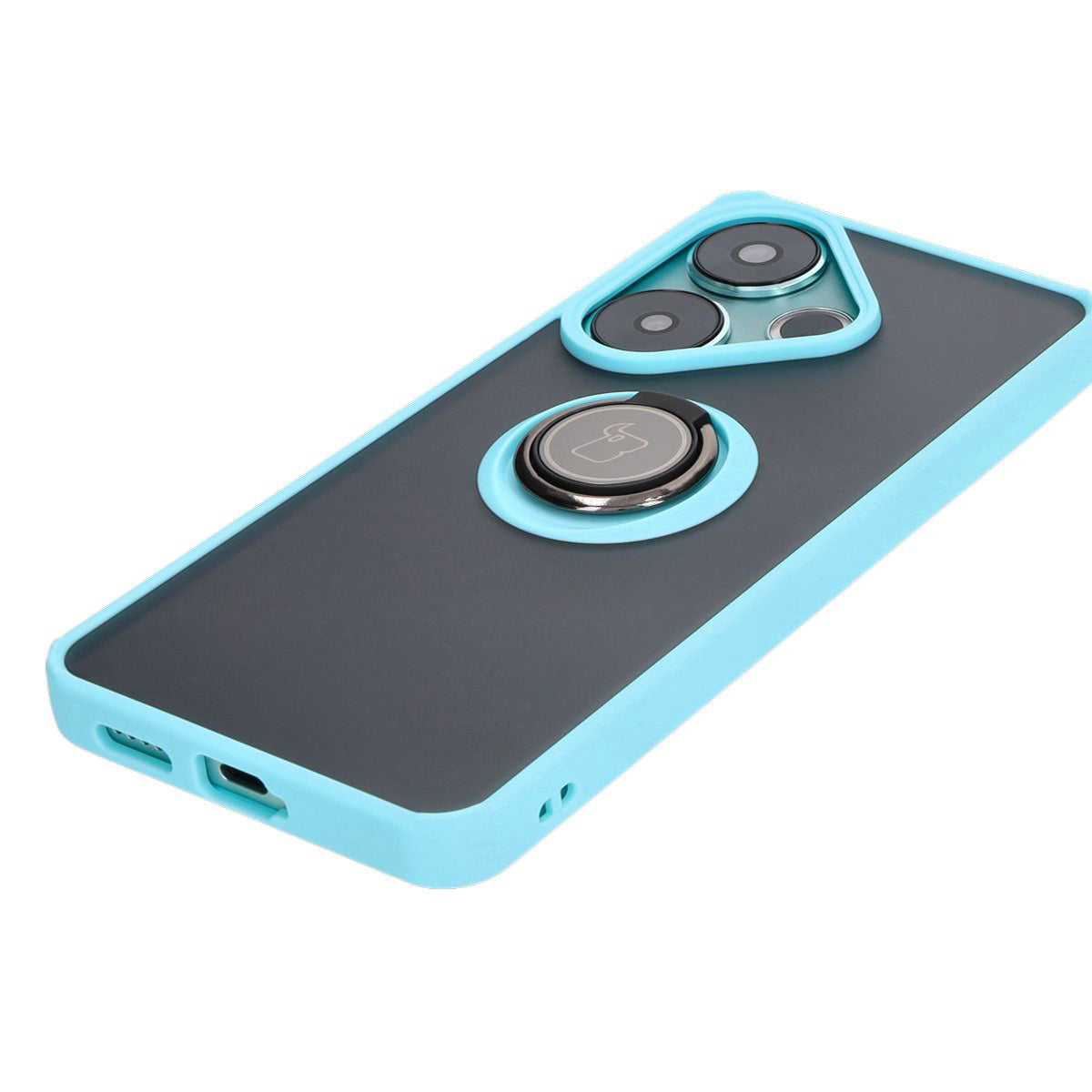Handyhülle mit Fingergriff für Xiaomi Poco F6, Bizon Case Hybrid Ring, getönt mit hellblauem Rahmen