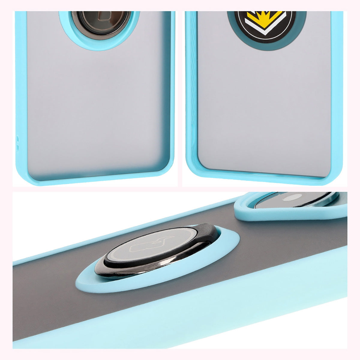 Handyhülle mit Fingergriff für Xiaomi Poco F6, Bizon Case Hybrid Ring, getönt mit hellblauem Rahmen