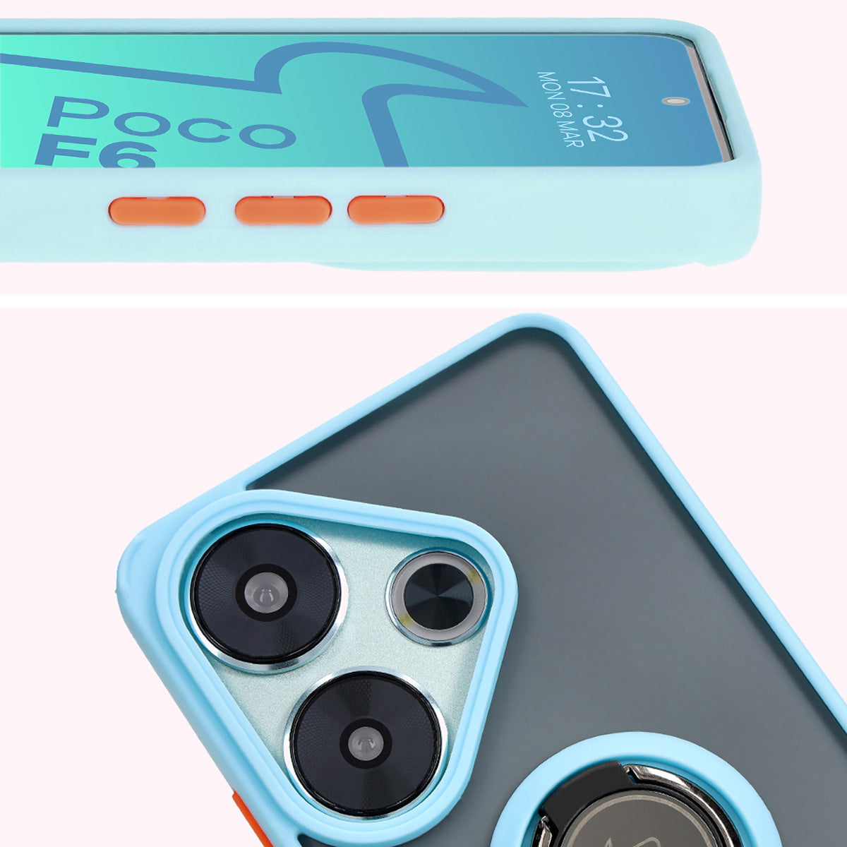 Handyhülle mit Fingergriff für Xiaomi Poco F6, Bizon Case Hybrid Ring, getönt mit hellblauem Rahmen