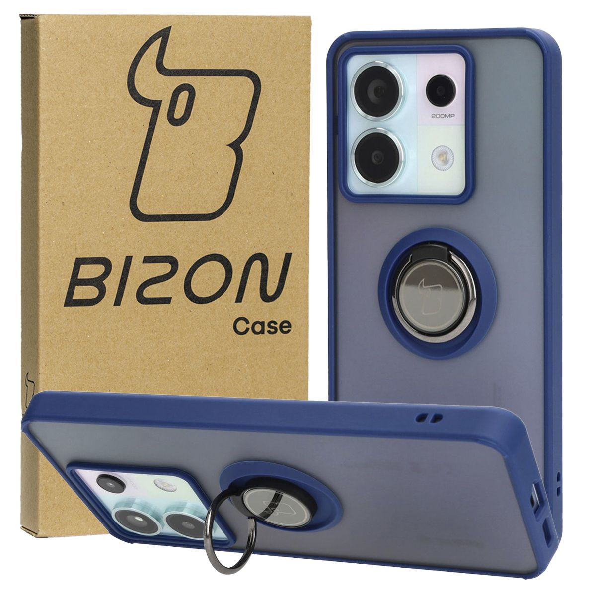 Handyhülle mit Fingergriff für Xiaomi Poco X6 / Xiaomi Redmi Note 13 Pro 5G, Bizon Case Hybrid Ring, getönt mit dunkelblauem Rahmen