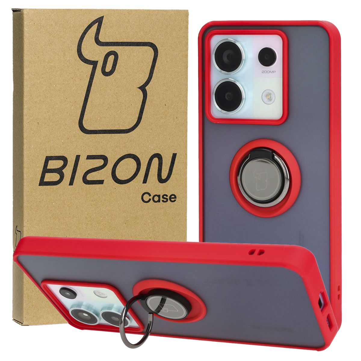 Handyhülle mit Fingergriff für Xiaomi Poco X6 / Xiaomi Redmi Note 13 Pro 5G, Bizon Case Hybrid Ring, getönt mit rotem Rahmen