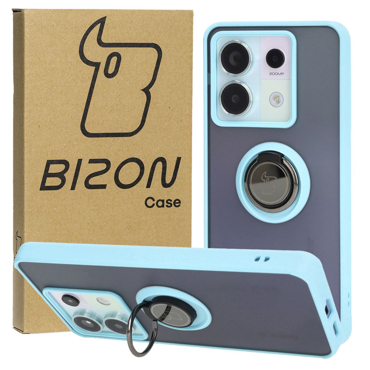Handyhülle mit Fingergriff für Xiaomi Poco X6 / Xiaomi Redmi Note 13 Pro 5G, Bizon Case Hybrid Ring, getönt mit hellblauem Rahmen