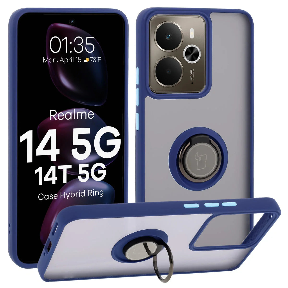 Handyhülle mit Fingergriff für Realme 14 5G / 14T 5G, Bizon Case Hybrid Ring, getönt mit dunkelblauem Rahmen