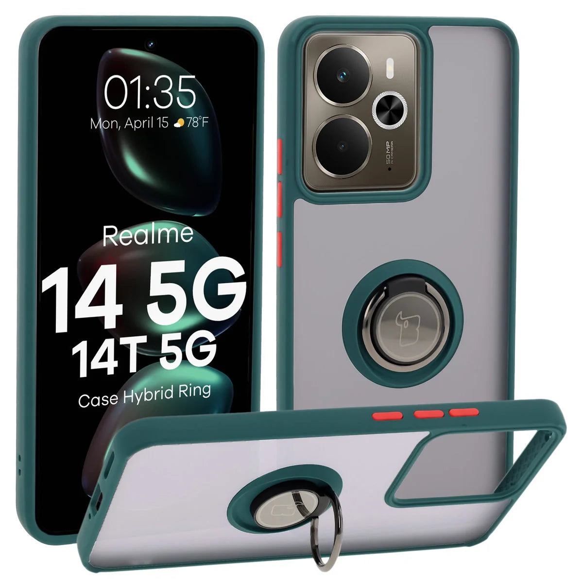 Handyhülle mit Fingergriff für Realme 14 5G / 14T 5G, Bizon Case Hybrid Ring, getönt mit dunkelgrünem Rahmen