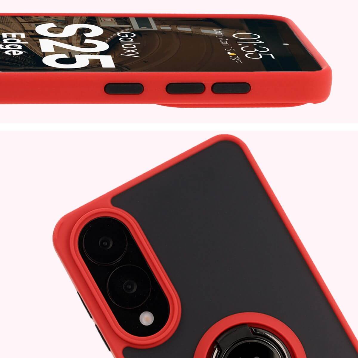 Handyhülle mit Fingergriff für Galaxy S25 Edge, Bizon Case Hybrid Ring, getönt mit rotem Rahmen
