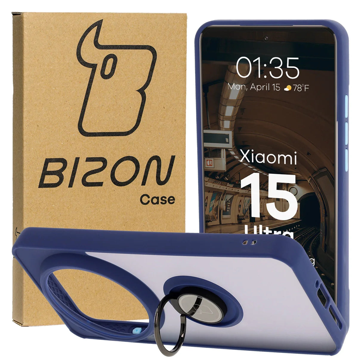 Handyhülle mit Fingergriff für Xiaomi 15 Ultra, Bizon Case Hybrid Ring, getönt mit dunkelblauem Rahmen