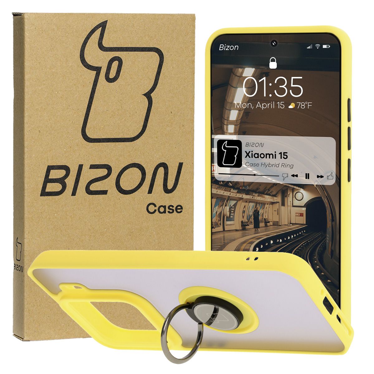 Handyhülle mit Fingergriff für Xiaomi 15, Bizon Case Hybrid Ring, getönt mit gelbem Rahmen