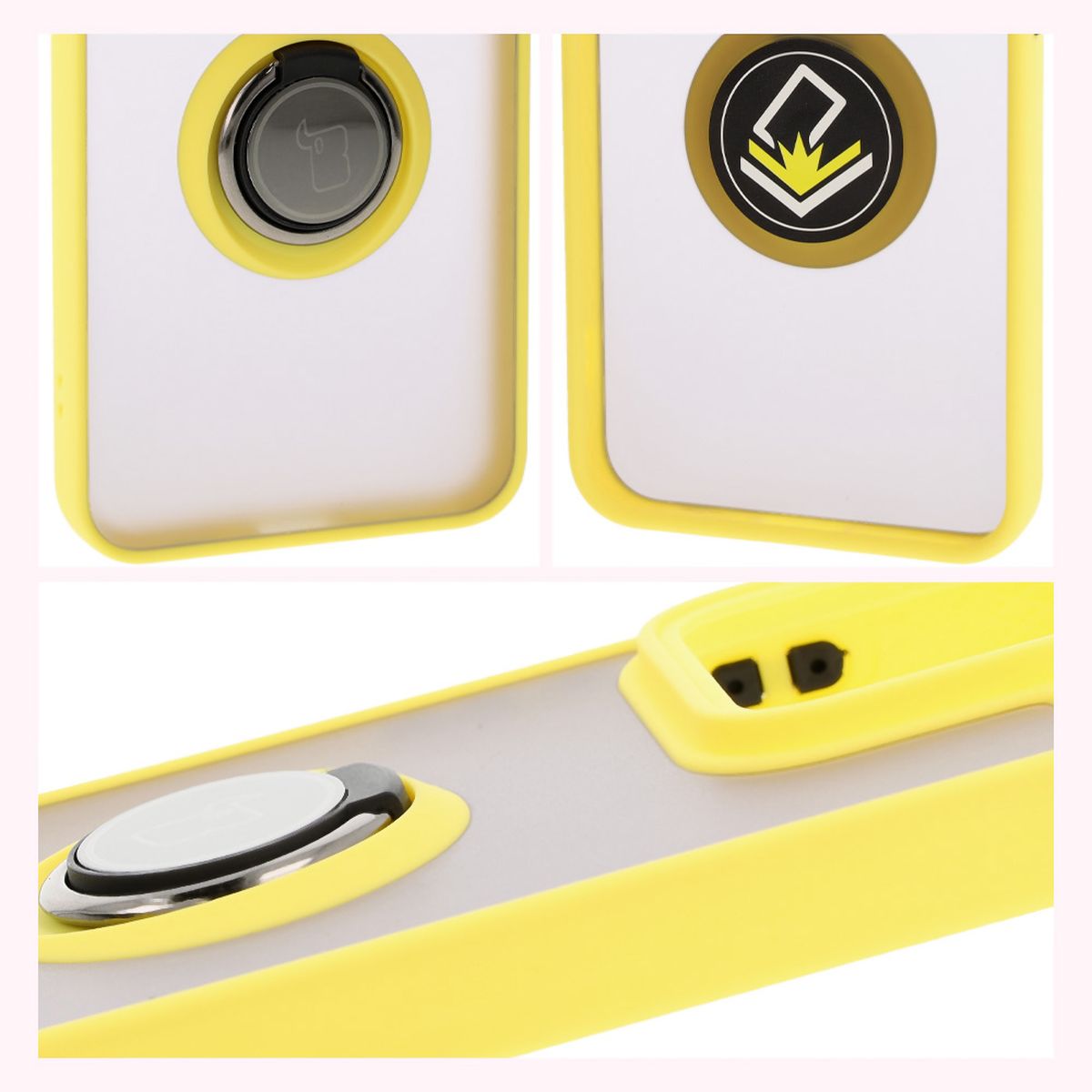 Handyhülle mit Fingergriff für Xiaomi 15, Bizon Case Hybrid Ring, getönt mit gelbem Rahmen