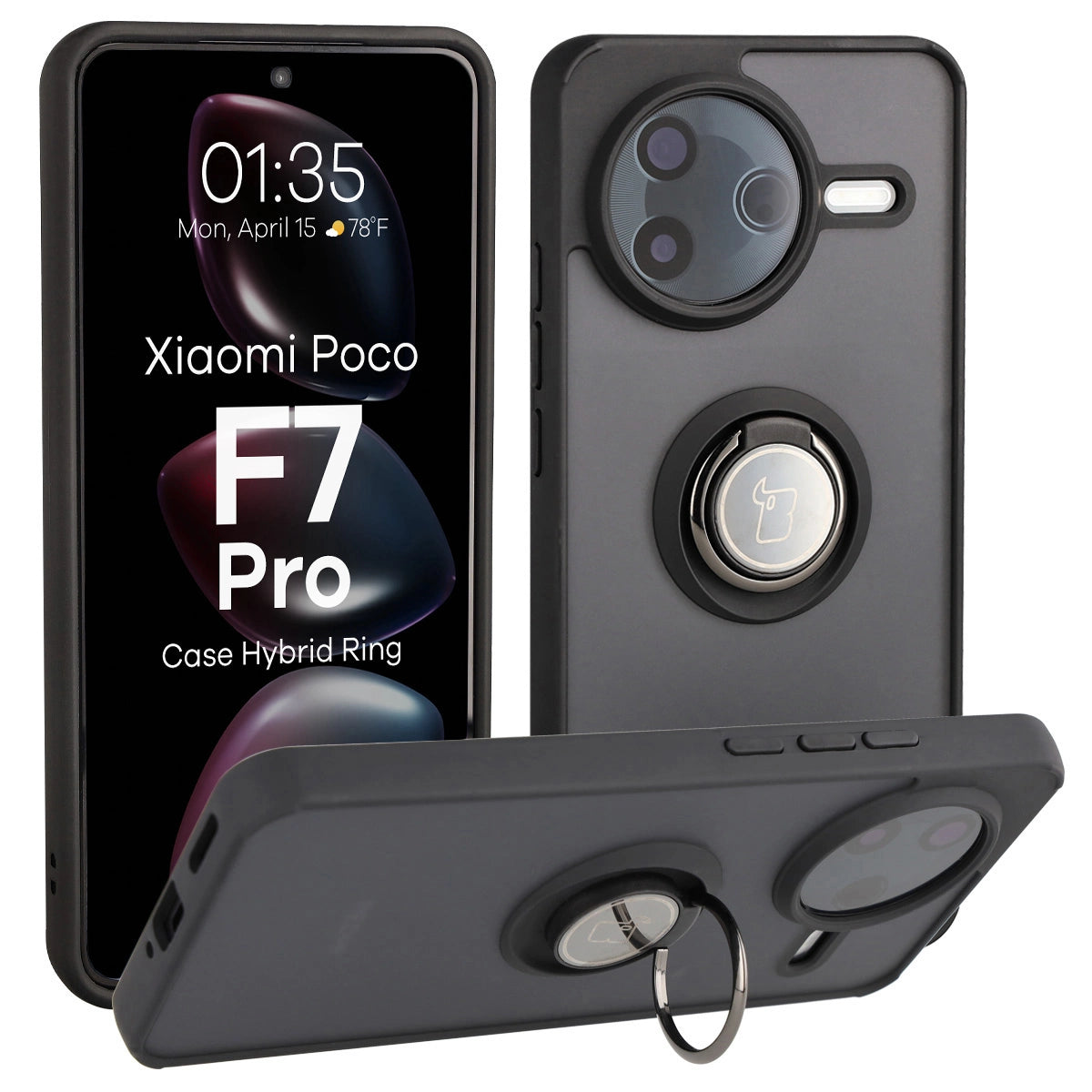 Handyhülle mit Fingergriff für Xiaomi POCO F7 Pro, Bizon Case Hybrid Ring, getönt mit schwarzem Rahmen
