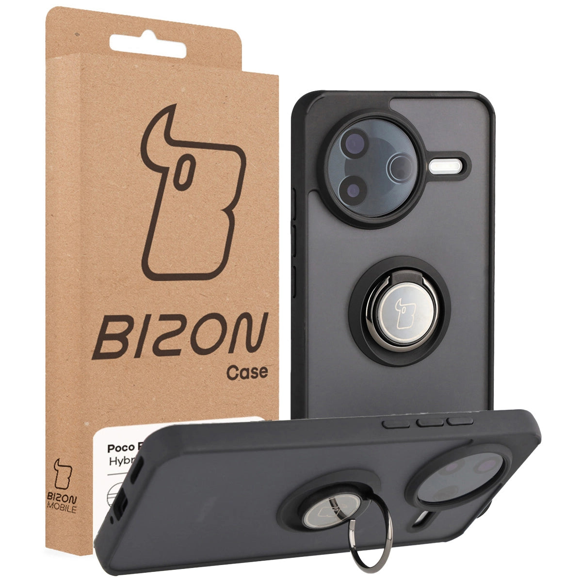 Handyhülle mit Fingergriff für Xiaomi POCO F7 Pro, Bizon Case Hybrid Ring, getönt mit schwarzem Rahmen