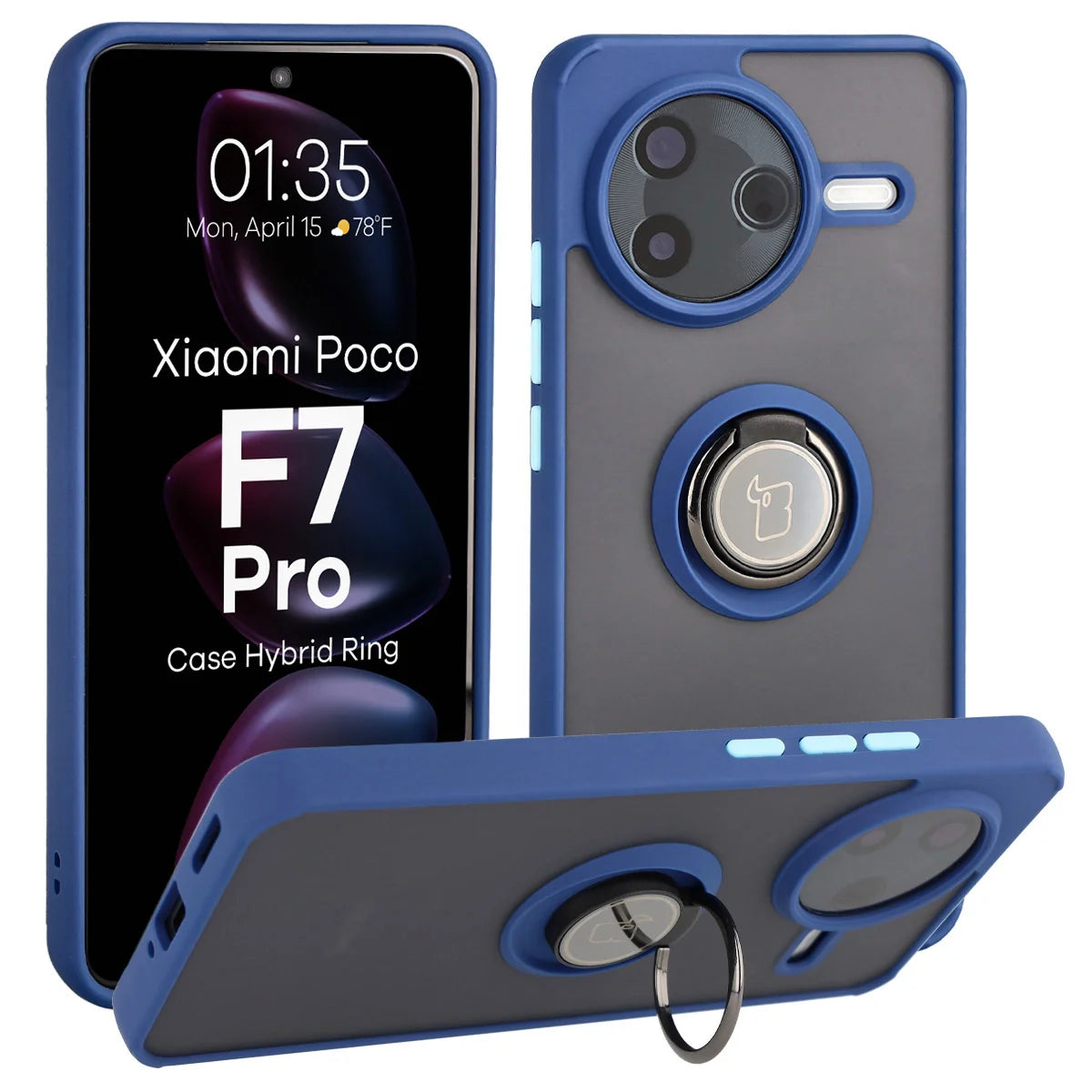 Handyhülle mit Fingergriff für Xiaomi POCO F7 Pro, Bizon Case Hybrid Ring, getönt mit dunkelblauem Rahmen