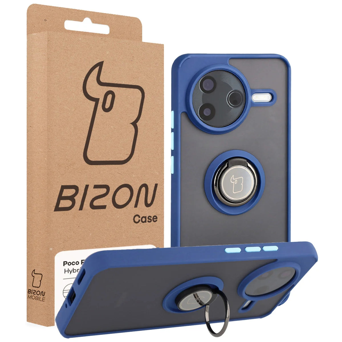 Handyhülle mit Fingergriff für Xiaomi POCO F7 Pro, Bizon Case Hybrid Ring, getönt mit dunkelblauem Rahmen
