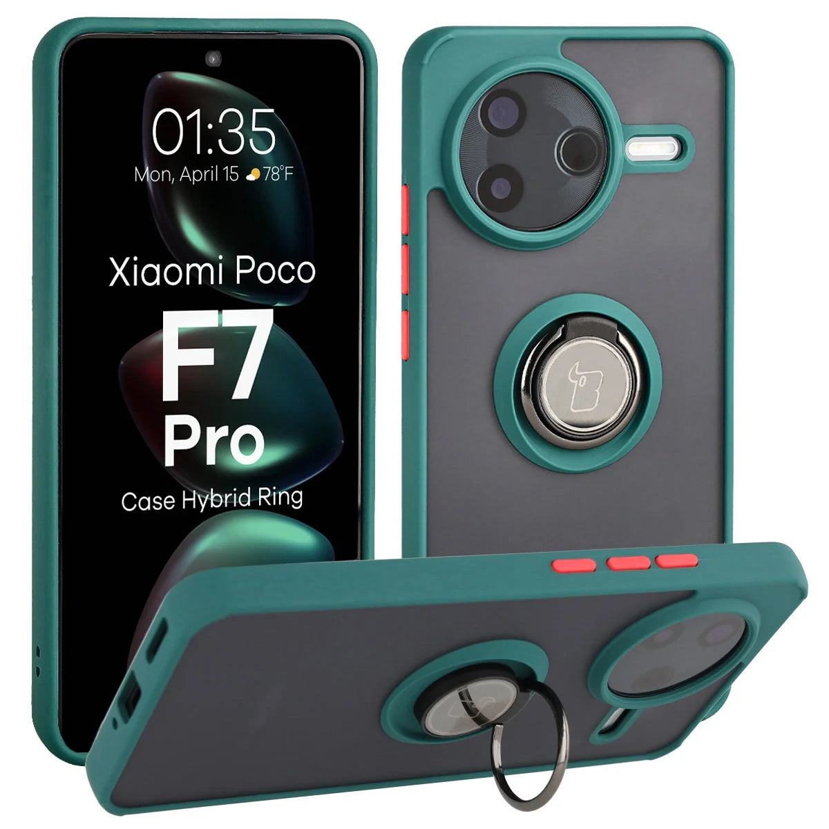 Handyhülle mit Fingergriff für Xiaomi POCO F7 Pro, Bizon Case Hybrid Ring, getönt mit dunkelgrünem Rahmen