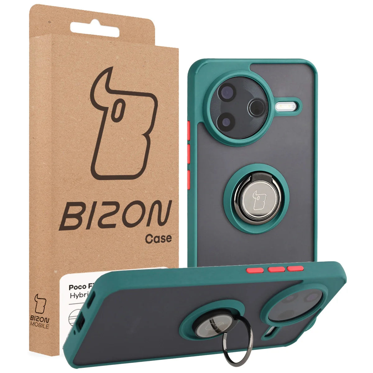 Handyhülle mit Fingergriff für Xiaomi POCO F7 Pro, Bizon Case Hybrid Ring, getönt mit dunkelgrünem Rahmen
