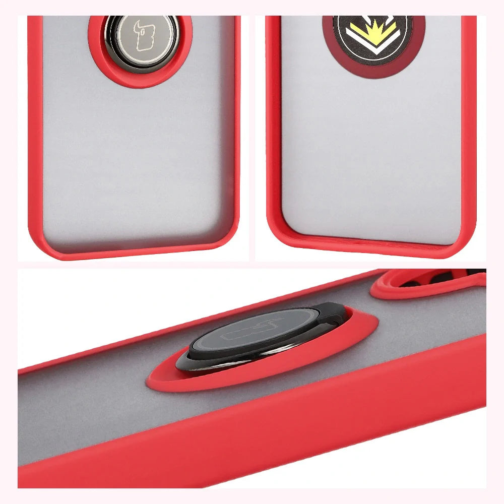 Handyhülle mit Fingergriff für Xiaomi POCO F7, Bizon Case Hybrid Ring, getönt mit rotem Rahmen